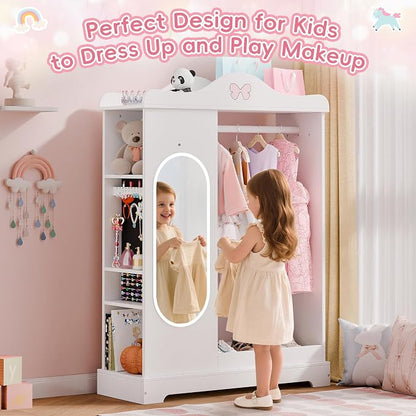 Xilingol Kids Armoire Dress Up Storage with Mirror, Kids Wardrobe Closet with Jewelry Cabinet and Storage Shelves, Open Hanging Armoire Costume Organizer for Bedroom (White)