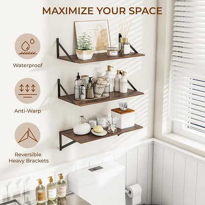 Heimlove 24" W x 12" D Wall Shelves for Books, 12 Inch Deep Floating Shelves Set of 3, Wide Floating Bookshelf with Metal Bracket for Living Room, Kitchen, Office, Bedroom and Decor Storage - Walnut