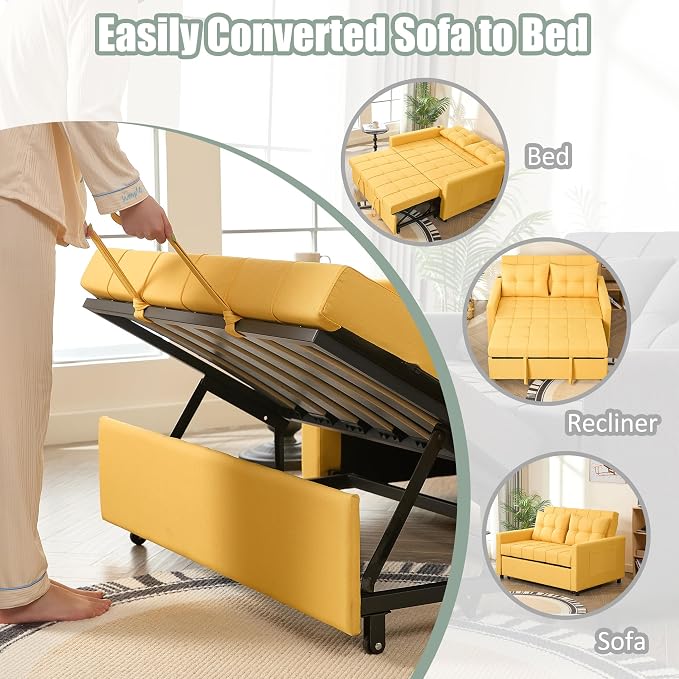 GOSUHI 52" Sleeper Sofa with Pull-Out Bed, 3-in-1 Convertible Sofa Bed, Set of Loveseat with Stepless Adjustable Backrest and Side Pocket, for Living Room Dorm Apartment, Linen, Yellow