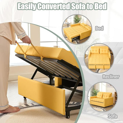 GOSUHI 52" Sleeper Sofa with Pull-Out Bed, 3-in-1 Convertible Sofa Bed, Set of Loveseat with Stepless Adjustable Backrest and Side Pocket, for Living Room Dorm Apartment, Linen, Yellow