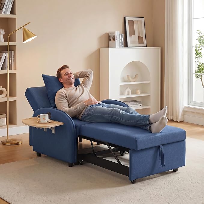 3-in-1 Convertible Sleeper Bed, Pull Out Single Sofa Bed with Adjustable Backrest, Foldable Recliner Sofa with Side Table & USB Port, Sleeper Chair for Living Room, Home Office, Blue