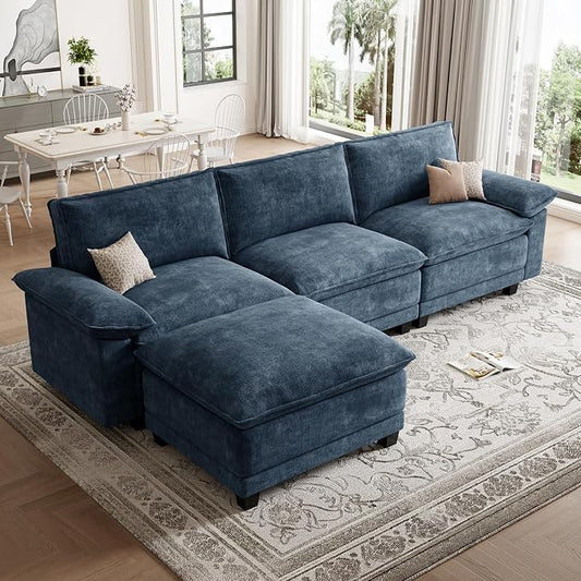 Modern L Shaped Sofa Couches for Living Room, Modular Sectional Cloud Couch with Movable Ottoman, Comfy Chenille Sofa for Apartment and Small Space,Blue