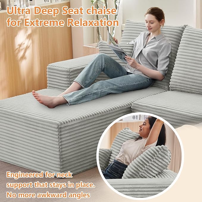 96" Modular Sectional Sofa, Modern Corduroy Cloud Couch with Deep Seat, Boneless Couch Upholstered 3-Seater L-Shaped Sofa for Living Room, No Assembly Required (Light Gray, Left-Facing Chaise)