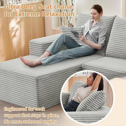 96" Modular Sectional Sofa, Modern Corduroy Cloud Couch with Deep Seat, Boneless Couch Upholstered 3-Seater L-Shaped Sofa for Living Room, No Assembly Required (Light Gray, Left-Facing Chaise)