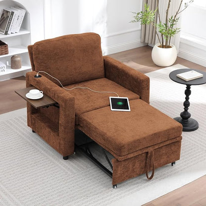 3 in 1 Folding Convertible Sleeper Sofa Bed Pull Out Couch with Side Pockets USB Port Side Table Single Sofa Bed with Adjustable Backrest for Living Room Bedroom 66" Orange 1 SEAT