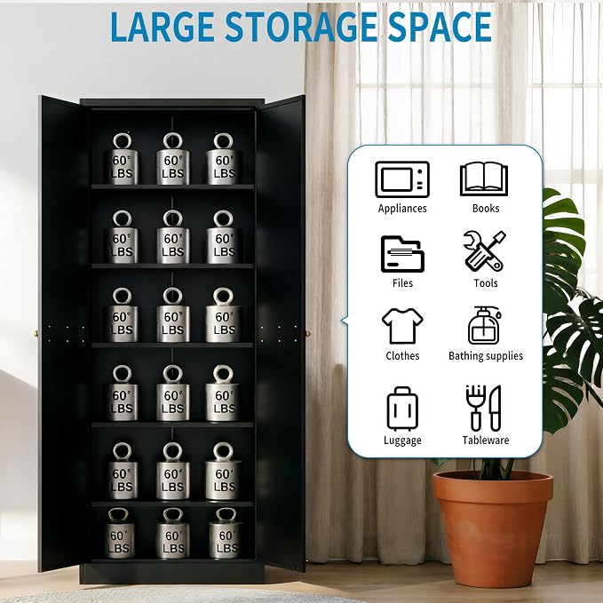 72" H Black Metal Kicthen Pantry Storage Cabinet 6-Tier Cupboard | Storage Cabinet with 5 Adjustable Shelves, Living Room, Garage, Heavy Duty Freestanding Utility Cabinet, Assembly Require
