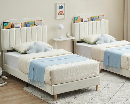 GarveeHome Full Bed Frame with Storage Headboard, Velvet Upholstered Platform Bedframe for Kids, Girl Bed, Strong Wooden Slats, Noise-Free, Easy Assembly, No Box Spring Needed, Beige