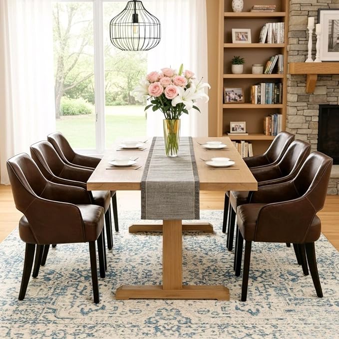 Faux Leather Upholstered Dining Chairs Set of 6 with Arms | Brown faux leather upholstery, solid wood legs, curved open back, padded seat, easy-care surface, dining room, kitchen