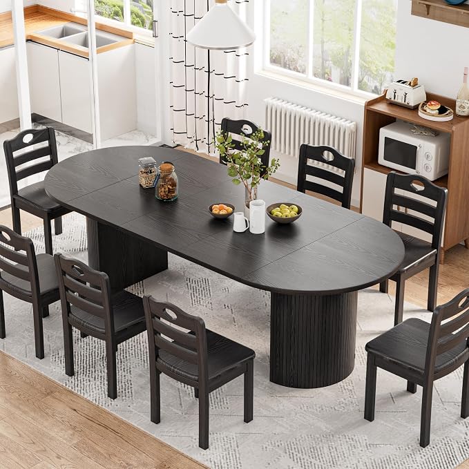 43-95 Inch Oval Extendable Dining Table for 4-10, Fluted Space Saving Long Round Kitchen Table with 3 Leaf, 2 Storage, Mid Century Modern Dining Room Dinner Table for Living Room, Black