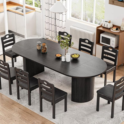 43-95 Inch Oval Extendable Dining Table for 4-10, Fluted Space Saving Long Round Kitchen Table with 3 Leaf, 2 Storage, Mid Century Modern Dining Room Dinner Table for Living Room, Black