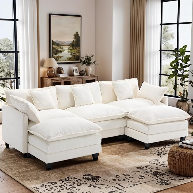 113.4" Modular Sectional Sofa,U Shaped Couch for Living Room,Modern Deep Seat Sofa 3 Seater Chenille Fabric Comfy Cloud Couches with Throw Pillows & Movable Ottoman