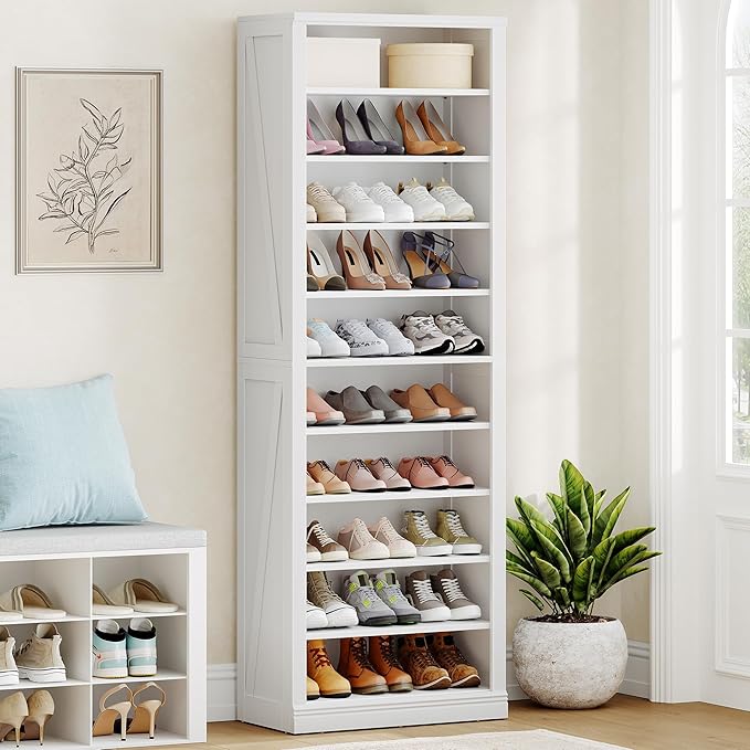 Hzuaneri Shoe Storage Cabinet, 10 Tiers Freestanding Shoe Cabinets, Wooden Shoes Rack with Cubby, 27-30 Pairs, Farmhouse Tall Shoes Cubby Organizer for Entryway, Living Room, White SR52603X