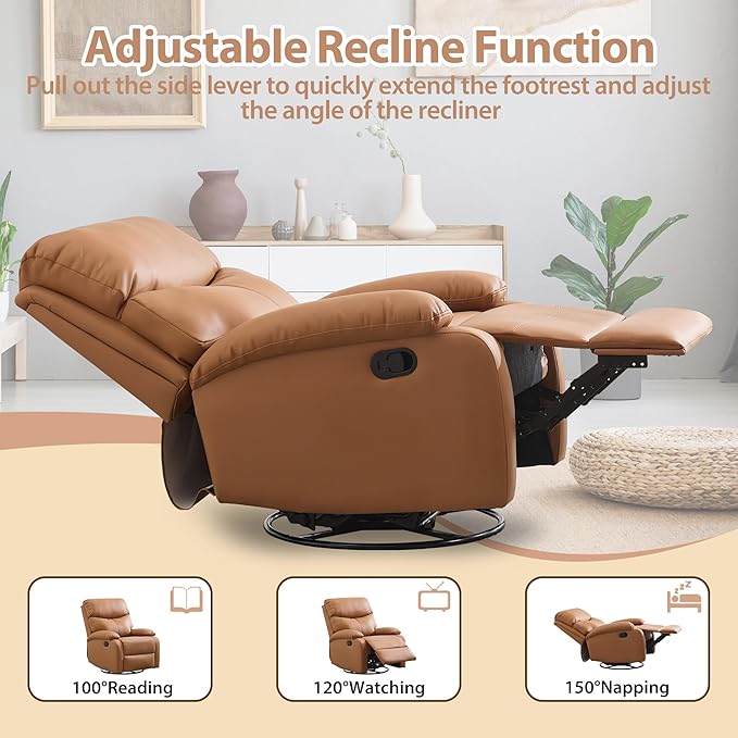 Genuine Leather Rocker Recliner Modern Manual Swivel Glider Recliner with Adjustable Backrest & Footrest Wall Hugger Swivel Rocking Recliner Chair for Modern Living Room and RV Warm Brown