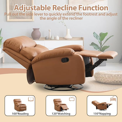 Genuine Leather Rocker Recliner Modern Manual Swivel Glider Recliner with Adjustable Backrest & Footrest Wall Hugger Swivel Rocking Recliner Chair for Modern Living Room and RV Warm Brown
