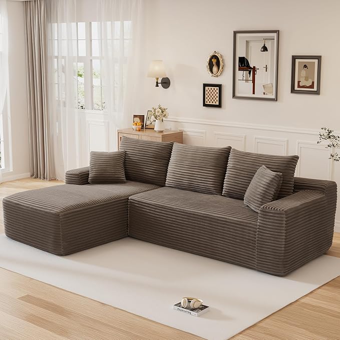 108" L Shaped Cloud Boneless Sectional Couches for Living Room, Modern Comfy Modular Deep Seat Memory Foam Compressed Corduroy Sofa Oversized Left Facing Chaise, No Assembly Required, Brown