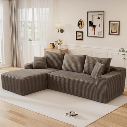 108" L Shaped Cloud Boneless Sectional Couches for Living Room, Modern Comfy Modular Deep Seat Memory Foam Compressed Corduroy Sofa Oversized Left Facing Chaise, No Assembly Required, Brown