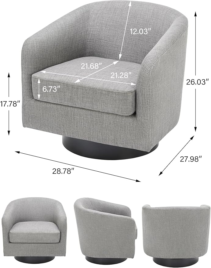 Swivel Barrel Accent Chair, Modern Round Linen Arm Chair for Living Room, Bedroom, Comfy Club Reading Chairs for Adults（Linen Fabric, Light Grey, Set of 2