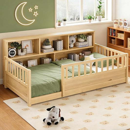 Bellemave Kids Montessori Floor Bed Twin Size,Floor Bed Frame with Bookcase and Fence for Kids Boys Girls,Natural