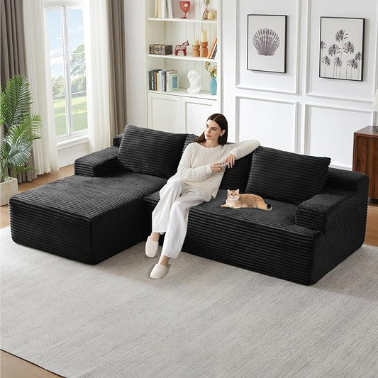 96" Modular Sectional Sofa, Modern Corduroy Cloud Couch with Side Pockets, Boneless Couch Upholstered 3-Seater L-Shaped Sofa for Living Room, No Assembly Required (Black, Left-Facing Chaise)