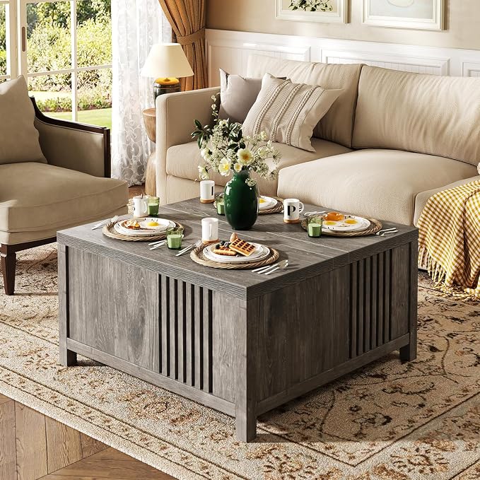 knoworld Farmhouse Lift Top Coffee Table with Storage, 35" Square Large Coffee Table with Hidden Compartment, Rustic Wood Center Table for Living Room, Grey Oak