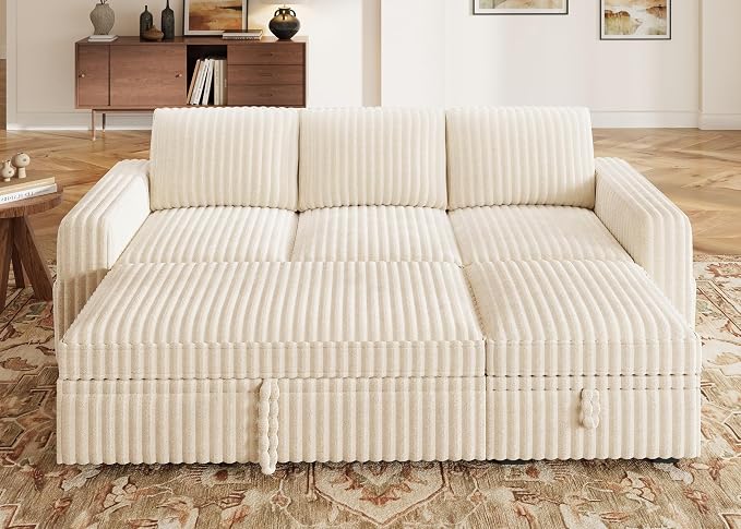 HONBAY Modular Sectional Sofa with Pull Out Bed,Corduroy L Shaped Sleeper Sofa with Storage, Sectional Couches for Living Room,Beige