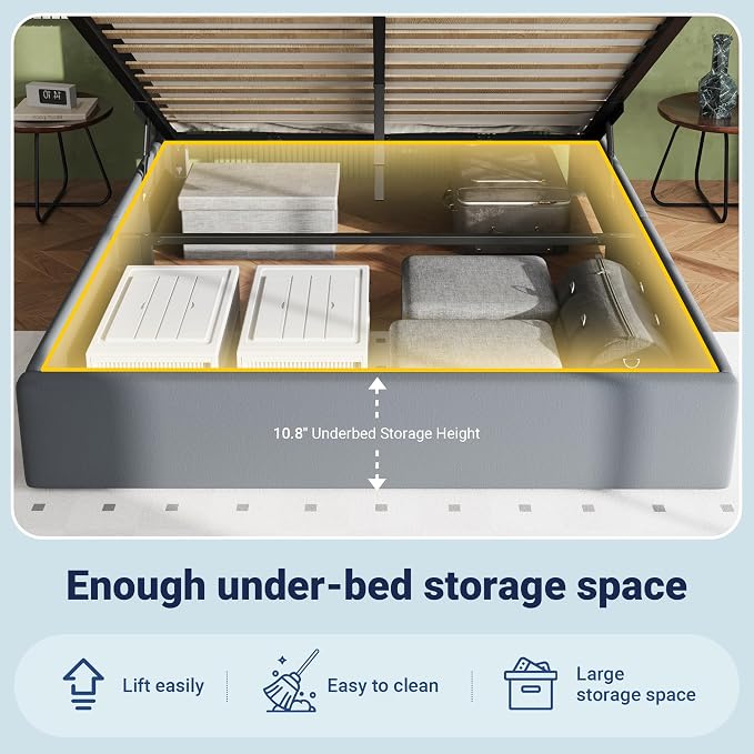 Allewie Queen Size Lift Up Storage Bed Frame with Charging Station & LED Lights, Adjustable Velvet Upholstered Storage Headboard, Type-C & USB Ports, Hydraulic Support, No Box Spring Needed, Grey
