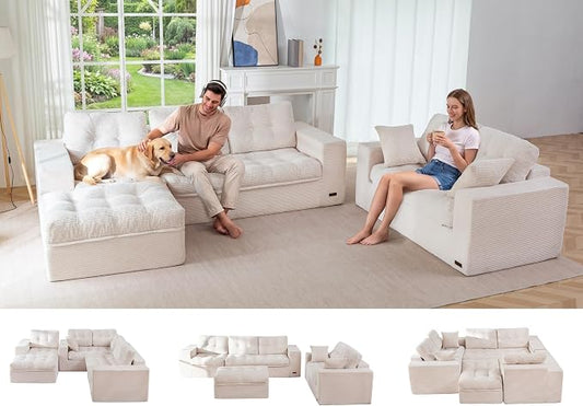MAXYOYO Modular Sectional Sofa with Ottoman and Loveseat, Cloud Boneless Couch with Layered Cushion, Flexible Module Combination Sofa for Living Room, No Assembly Required,Beige