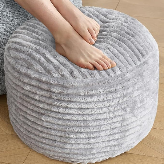 SHOUREN Stuffed Round Ottoman,Corduroy Pouf Ottoman Foot Rest with Foam Filling,Pouf Storage Ottoman Footstool for Living Room,20 X 15 Floor Poufs for Couch,Footrest Only - 20 X 15 Inches,Light Grey