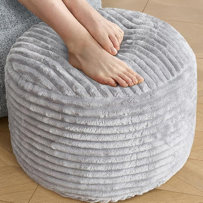 SHOUREN Stuffed Round Ottoman,Corduroy Pouf Ottoman Foot Rest with Foam Filling,Pouf Storage Ottoman Footstool for Living Room,18 X 14 Floor Poufs for Couch,Footrest Only - 18 X 14 Inches,Light Grey