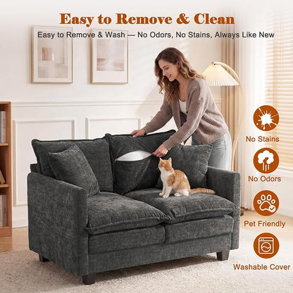 50'' Loveseat Sofa Cloud Sofa Couch, Modern Loveseats 2 Seat Couch 27" Deep Seat with 2 Pillows for Small Spaces Apartment Studio Office Bedroom Living Room, Grey