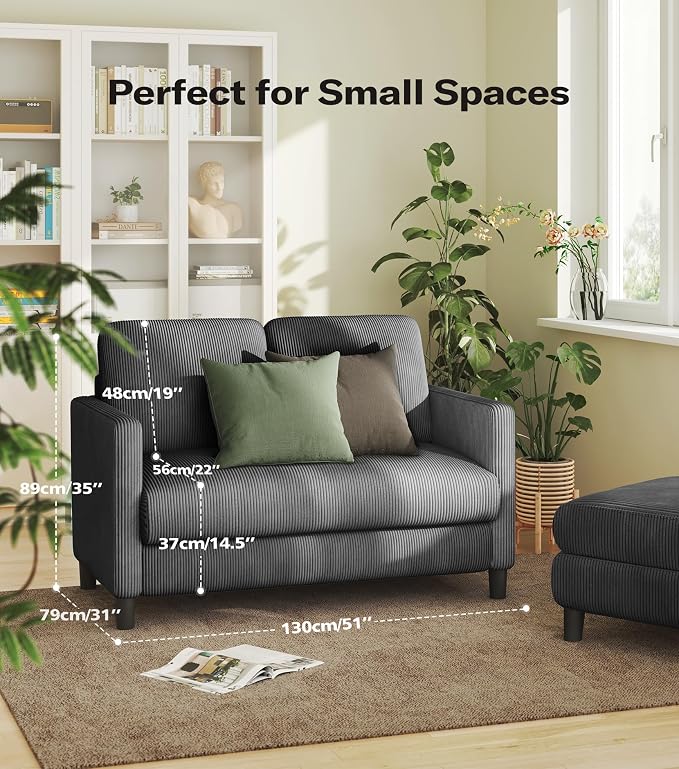 Welzona Loveseat Sofa, 51" Love Seat, Comfy Corduroy Small Loveseat for Small Spaces, Tool-Free Setup Couch for Bedroom, All-Wood Couches for Living Room, Grey