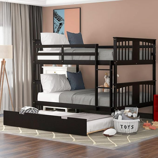 Merax Full-Over-Full Bunk Bed with Twin Trundle, Solid Wood Bunk Bed Frame with Guardrail and Removable Ladder, Can be Separated into 2 Beds, Espresso