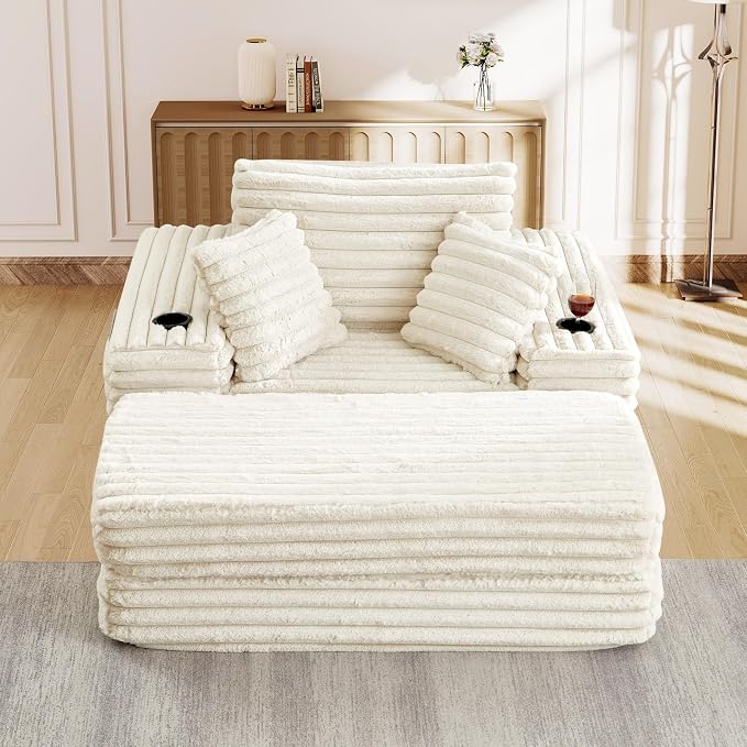 5-In-1 Oversized Chaise Lounge Chair Indoor with Ottoman,54.5"W Faux Fur Convertible Folding Sleeper Sofa Bed with Cup Holder&Side Pocket,Comfy Boneless Couch Sofa Chair for Living Room,Bedroom(Beige)