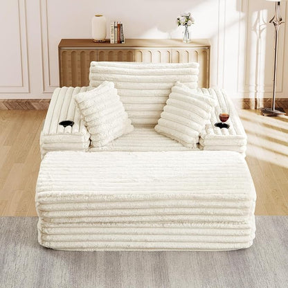 5-In-1 Oversized Chaise Lounge Chair Indoor with Ottoman,54.5"W Faux Fur Convertible Folding Sleeper Sofa Bed with Cup Holder&Side Pocket,Comfy Boneless Couch Sofa Chair for Living Room,Bedroom(Beige)