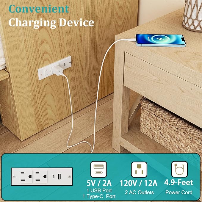 LIVAUVEAD Murphy Bed Queen with Storage & Charging Station, Murphy Cabinet with Foldable Panel, Noisy Free, for Guest Bedroom, Living Room, Office, Distressed,Natural