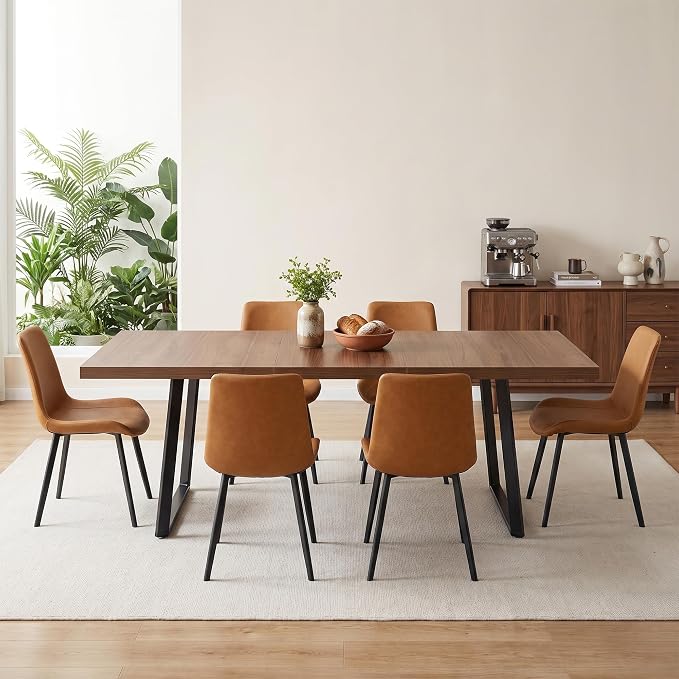 ZckyCine 7‑Piece Dining Set for 6,70.87‑Inch Table with 6 PU‑Leather Chairs, Thick Tabletop & Metal Frame for Apartment