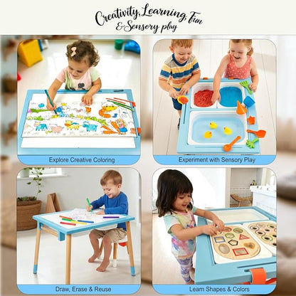 Blue Sensory Table for Toddlers – Montessori Activity Table with 3 Bins, 2 White Acrylic Lids, Transparent Lid, Paper Roll Holder, Wooden Inserts, Storage Bag & Adjustable Heights