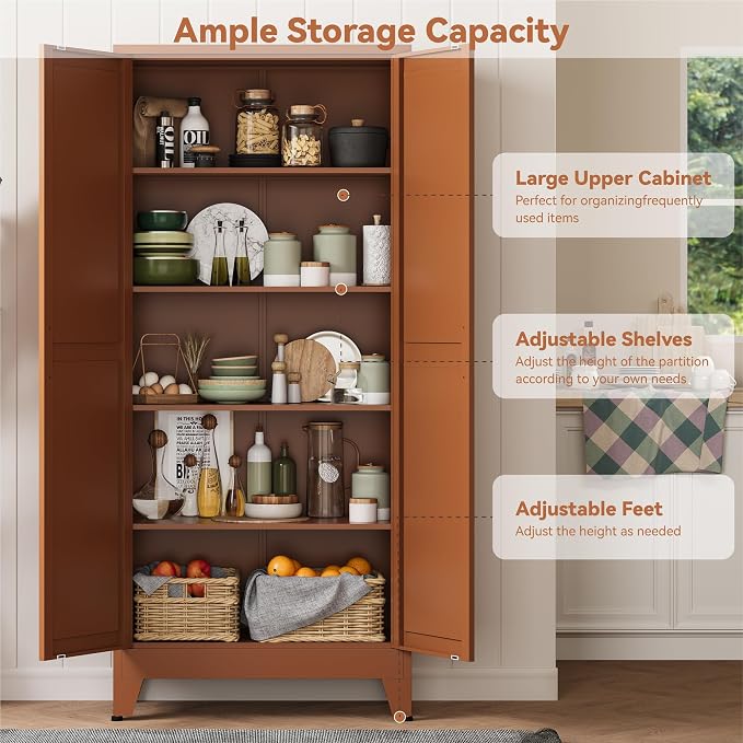 Baborokic 71H Tall Metal Storage Cabinet with 2 Doors and Adjustable Shelves,Farmhouse Storage Cabinet with Barn Doors,Pantry Storage for Home,Office,Dining Room,Kitchen(Rustic Brown)