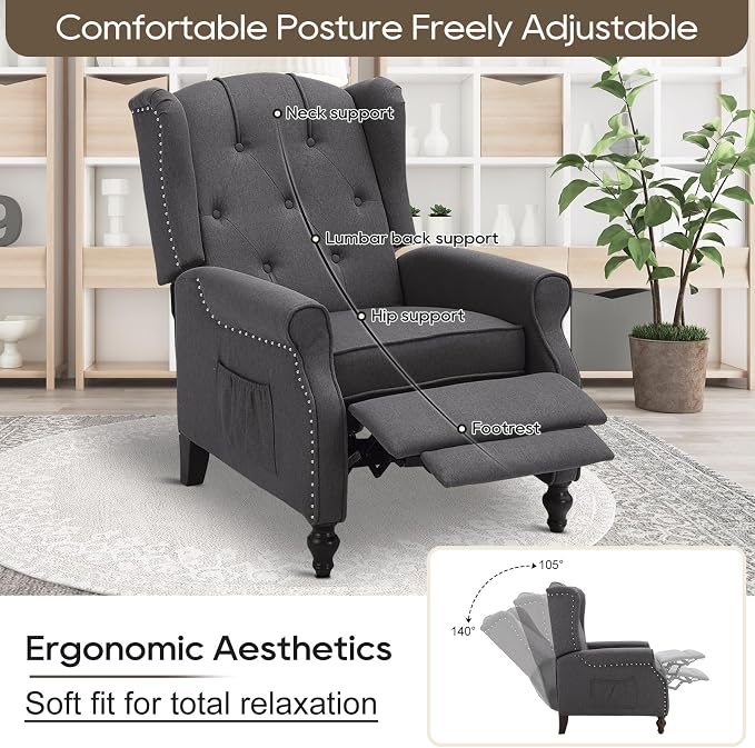 Wingback Recliner Chair with Massage and Heat Tufted Fabric Push Back Arm Chair, Recliner Chair for Living Room Bedroom Home Theater (2,Grey)