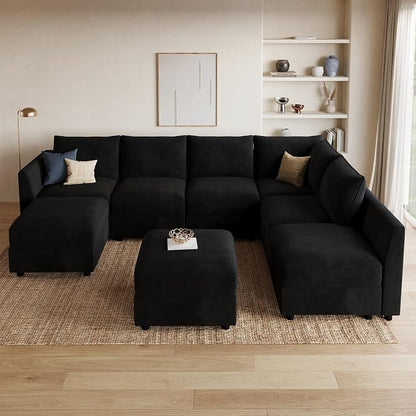 HONBAY Modular Sectional Couch U Shaped Sectional Sofa with Storage Velvet Convertible Sectional Couches for Living Room,Black