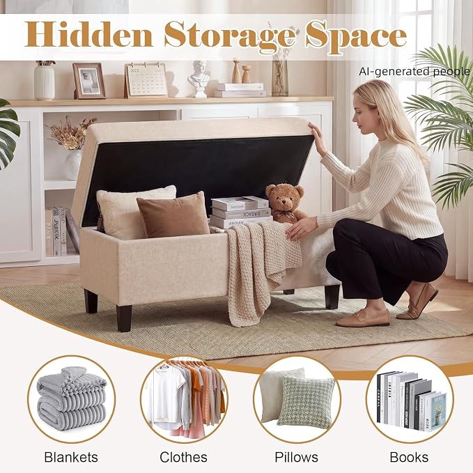 Asense Storage Ottoman Bench,18.8 x 40 x 18.5 Inches Storage Bench,Foot Rest with Legs,Tufted Ottomans with Safety Hinge,End of Bed Bench for Bedroom,Living Room,Entryway