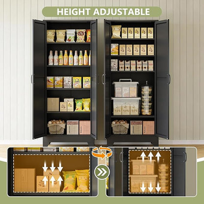 RAVIGIN Farmhouse Storage Cabinet,72" H Metal Pantry Cabinet with Barn Doors and Adjustable Shelves,72" H 6-Tier Rustic Pantry Organizers for Kitchen,Dining Room,Black