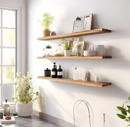 YYWUOJJ Wood Floating Shelves for Wall Decor, Rustic Wall Shelves for Bedroom Bathroom Kitchen Living Room, Set of 4 Light Walnut 48 Inch