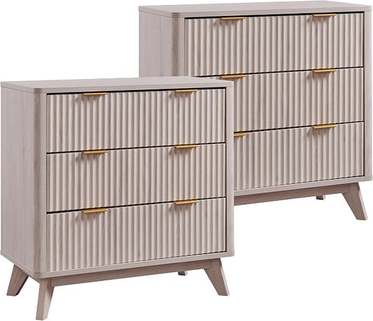 T4TREAM Fluted 3 Drawers Nightstand Set of 2, Oversized Extra Large Modern Side Table, End Table Bedside for Bedroom, Living Room, Curved Profile Design, White Alder