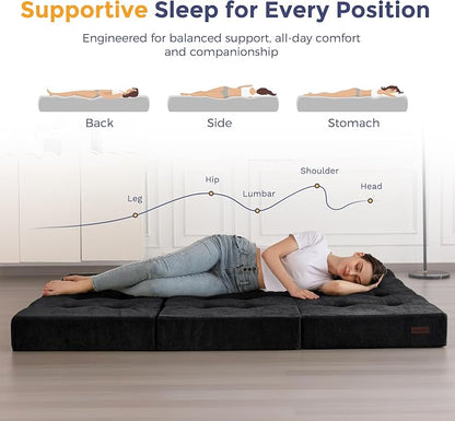 MAXYOYO 6" Folding Sofa Bed for Floor, Tufted Tri-Fold Floor Mattress with Chenille Fabric, Full Size Portable Sofa Couch Guest Mat for Adults, Foldable Topper for Camping, Black, 53"x75"