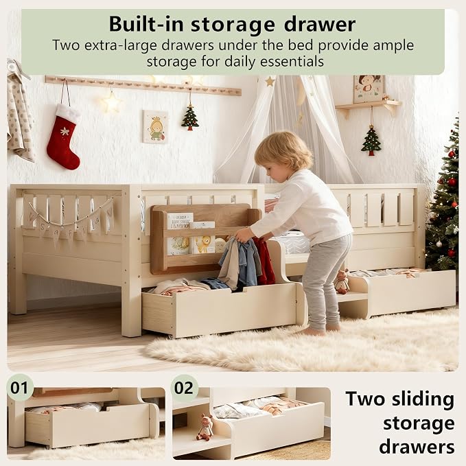 Full Platform Bed with Storage Drawers and Bookshelves, Kids Platform Bed Frame with Low-profile Stairs and Full-length Guardrails, Full Bed Frame for Kids, Boys, Girls, No Box Spring Needed, Beige