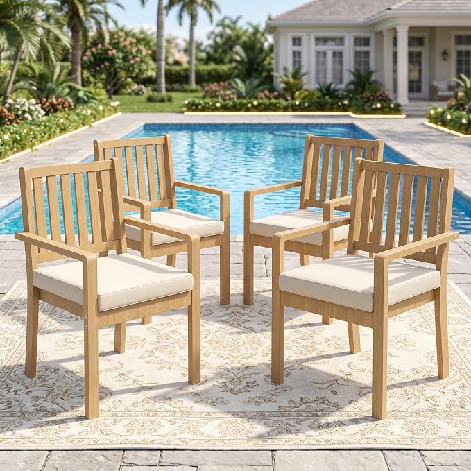FansaFurn Acacia Patio Dining Chairs Set of 4, Outdoor Wood Chairs with Thick Cushions, Modern Patio Seating for Backyard, Porch, Garden, Indoor Use, Beige