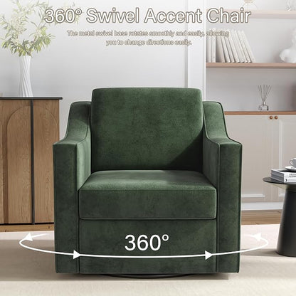 Swivel Accent Chairs Set of 2, 360° Swivel Upholstered Club Armchairs for Living Room, Comfy Single Sofa Reading Chair with Deep Seat, Metal Swivel Base, Chenille Fabric, Green