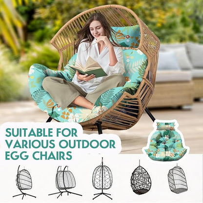 Outdoor Hanging Egg Chair Cushion Replacement, Extra Large Waterproof Egg Swing Cushions with Headrest Pillow and Ties, U-Shaped Thickened Cushion for Hanging Eggs Chair (Cyan Floral Leaf)