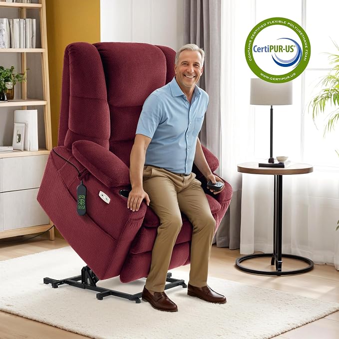 MCombo Big Man Power Lay Flat Lift Chair, Triple Motor Power Lift Recliner with Massage & Dual Heating, Adjustable Headrest, Fabric R7635 (Burgundy, Large-Wide)
